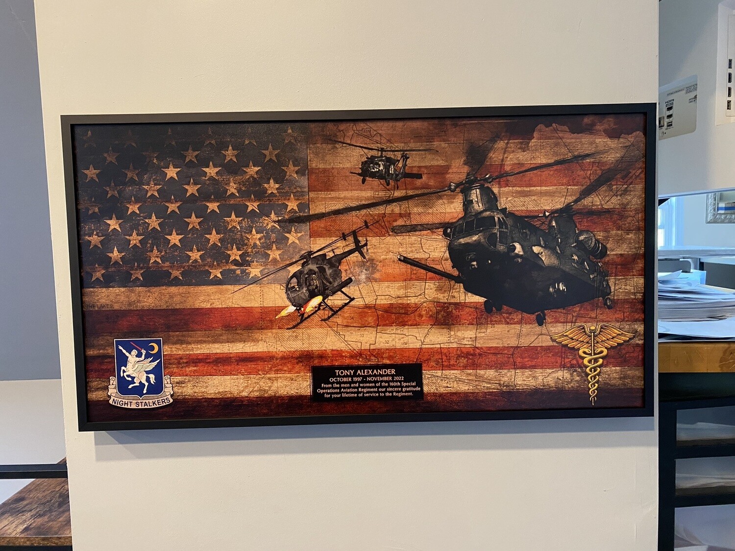 160th Blackhawk, Littlebird, and Chinook Flag Plaque - 28.25"x15.25"