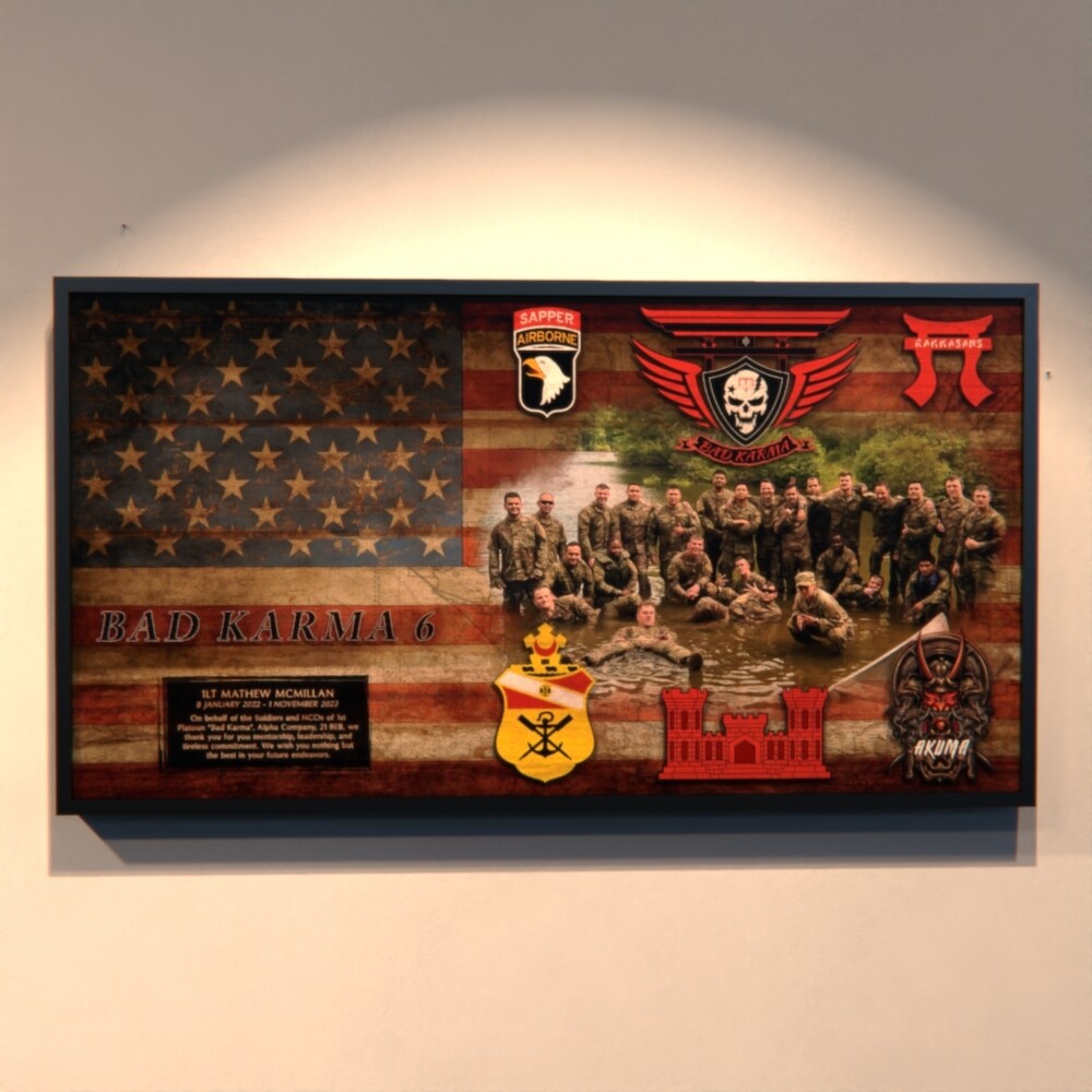 1st Platoon "Bad Karma" A Co. 21 BEB Rustic Flag Plaque - 28.25"x15.25"