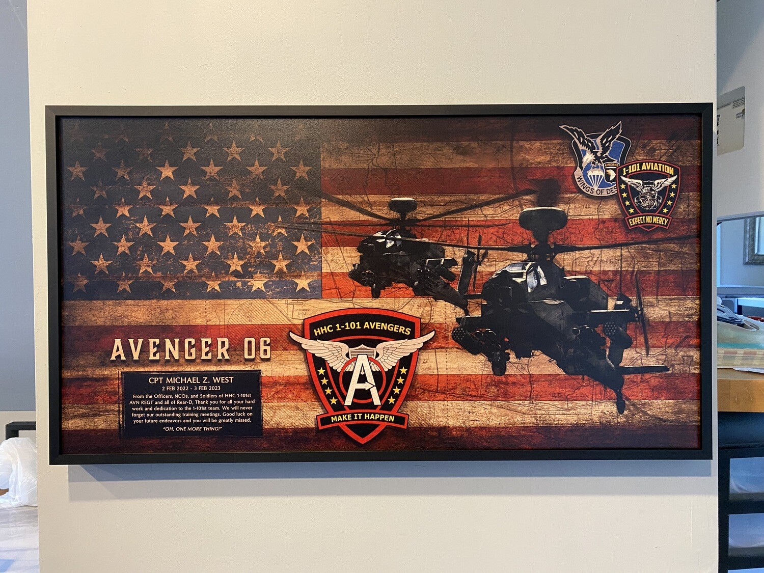 HHC "Avengers" 1-101 AVN REGT Rustic Flag Plaque - 28.25"x15.25"