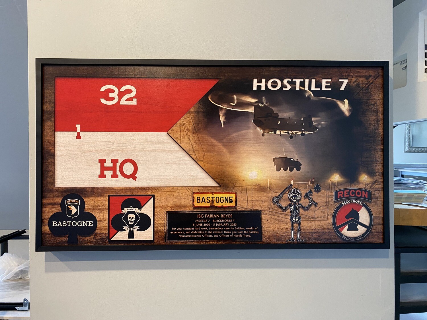HHT "Hostile" 1-32 CAV Guidon and Photo Wood Plaque - 28.25"x15.25"