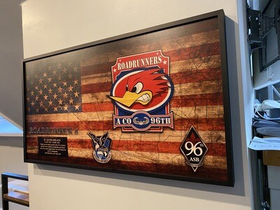 A CO "Roadrunners" 96th ASB Rustic Flag Plaque - 28.25"x15.25"