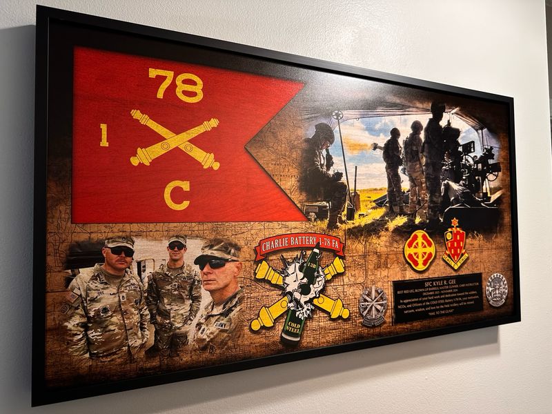 Charlie BTRY 1-78FA Guidon and Photos Wood Plaque - 28.25"x15.25"