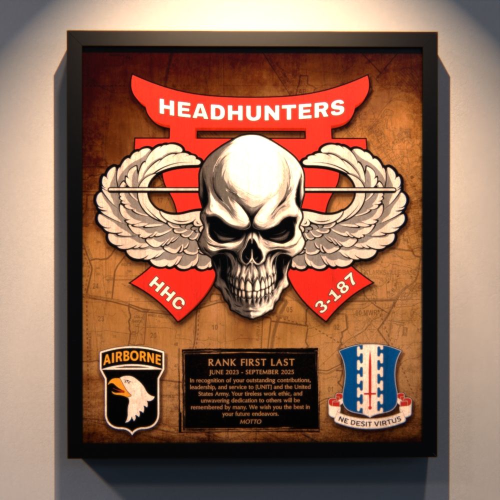 HHC "Headhunters" 3-187 INF Wood Plaque 12.5"x10.5"