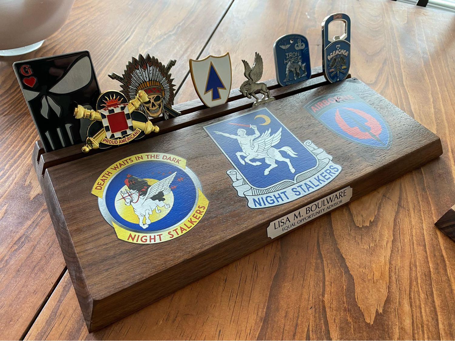 Challenge Coin Display Rack - Solid Walnut with Custom Full Color Graphics and Engraving