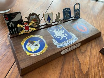 Challenge Coin Display Rack - Solid Walnut with Custom Full Color Graphics and Engraving