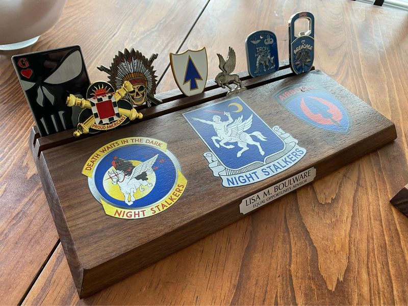 Challenge Coin Display Rack - Solid Walnut with Custom Full Color Graphics and Engraving