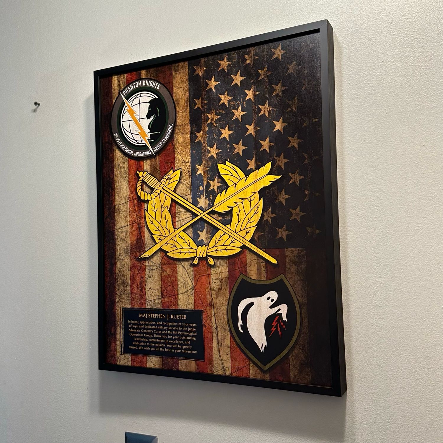 8th Psychological Operations Group &quot;Phantom Knights&quot; Wood Flag Plaque - 16.5&quot;x20.5&quot;