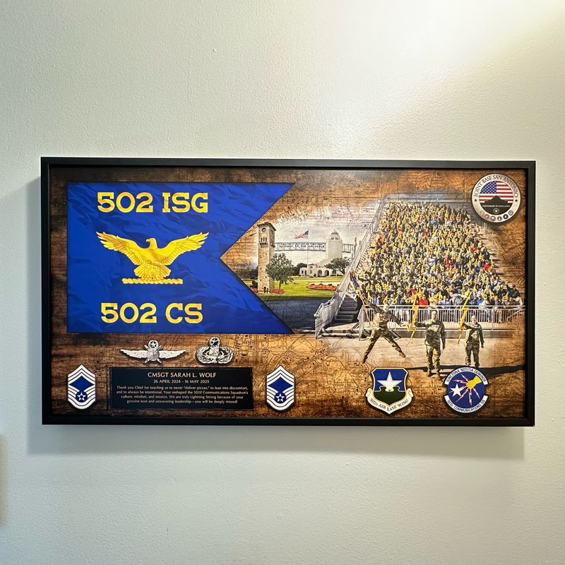 502nd Communications Squadron Guidon and Photo Wood Plaque - 28.25"x15.25"