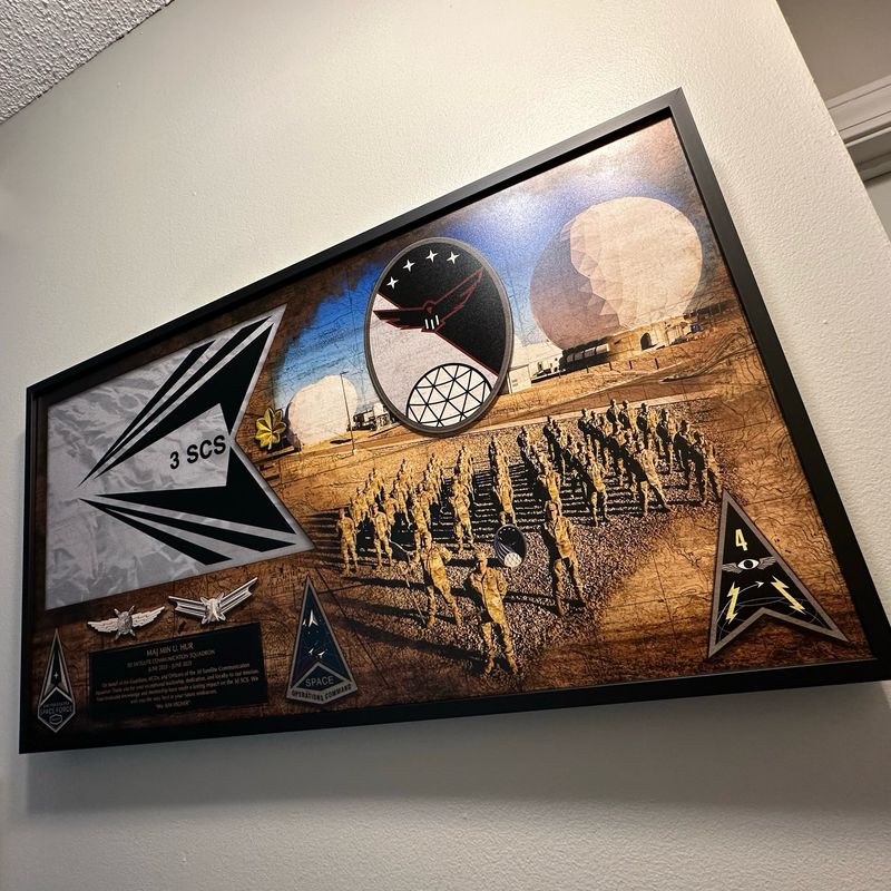 3rd Satellite Communications Squadron Space Force Guidon and Photo Wood Plaque - 28.25"x15.25"