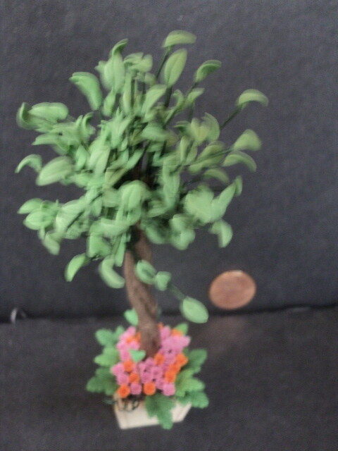 DOLLHOUSE FICUS IN FLORAL WOOD PLANTER