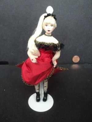 DOLLHOUSE SCALE PORCELAIN DOLL- SALOON GIRL- RED DRESS