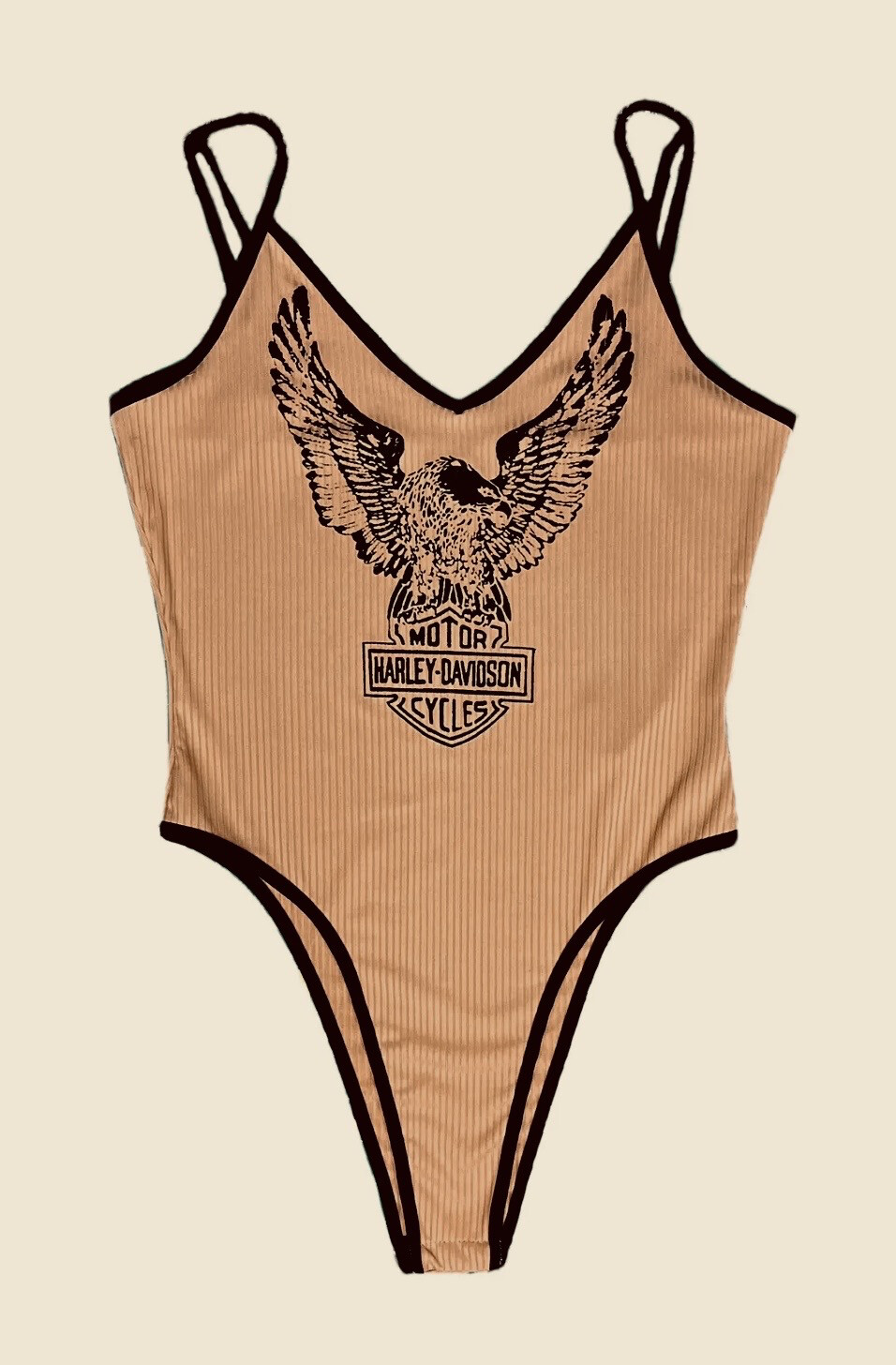 Contrasting trim camel color cami BodySuit with a Classic Harley Davidson Print