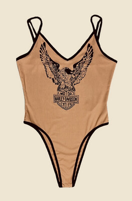 Contrasting trim camel color cami BodySuit with a Classic Harley Davidson Print
