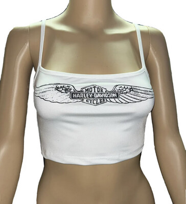 Cropped White Tank Top With 80s Style Harley Davidson Print