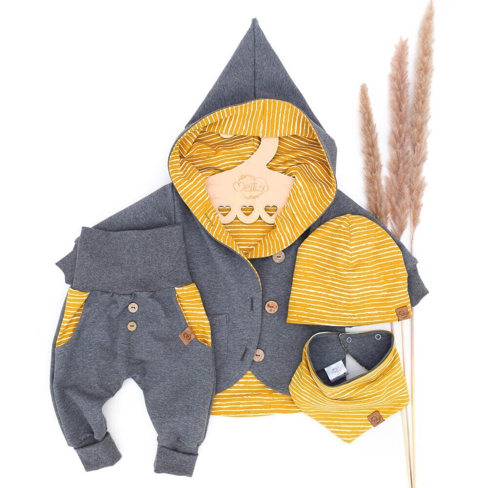 Set | Streifen senfgelb | Sweatjacke & Pumphose & Mütze & Halstuch