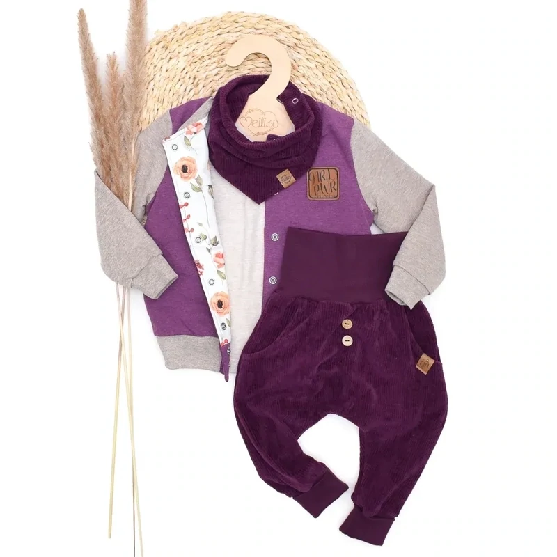 Set | Cord aubergine | Collegejacke & Langarmshirt & Pumphose & Halstuch