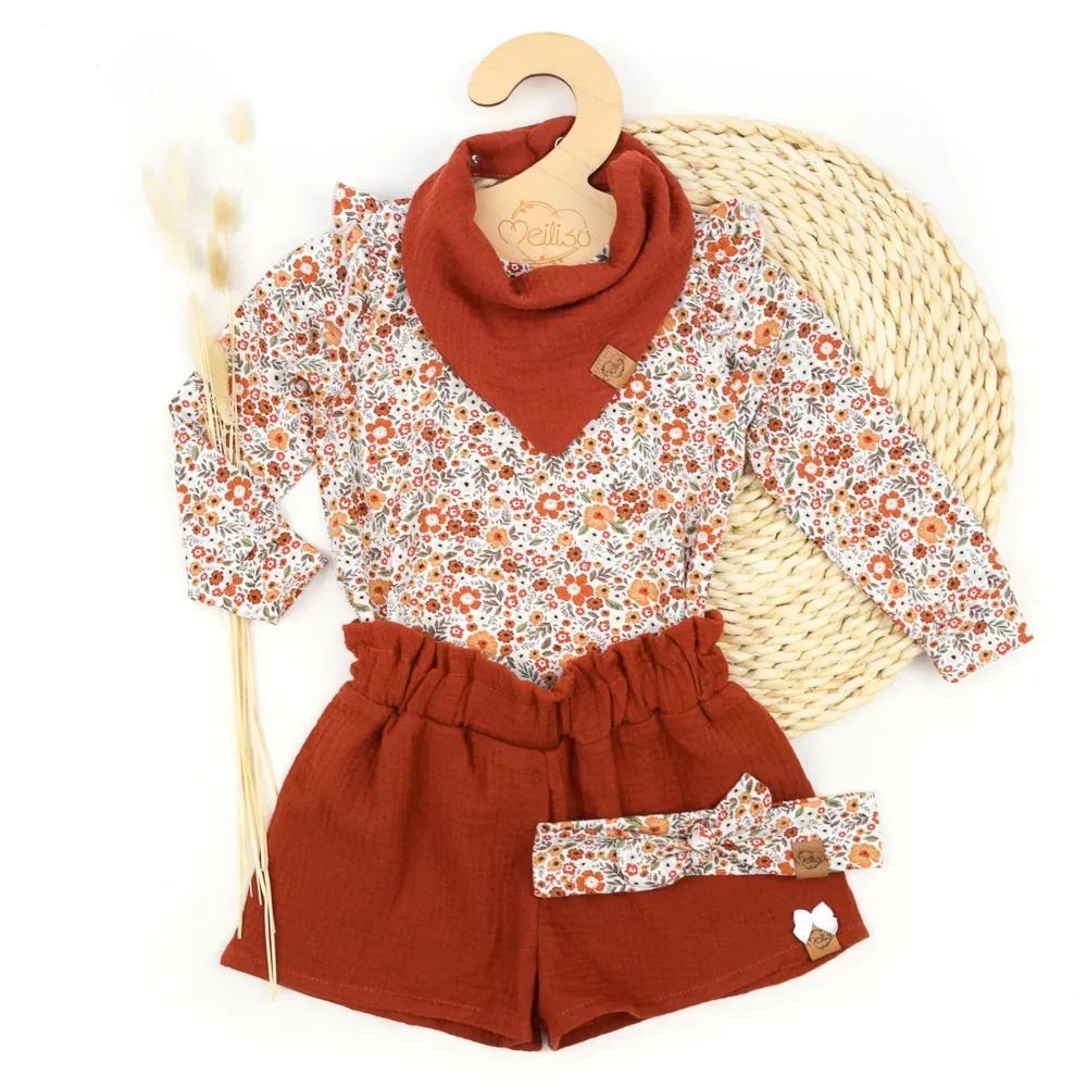 Set | Blumenkonfetti | Rüschenshirt & Shorts & Haarband & Tuch