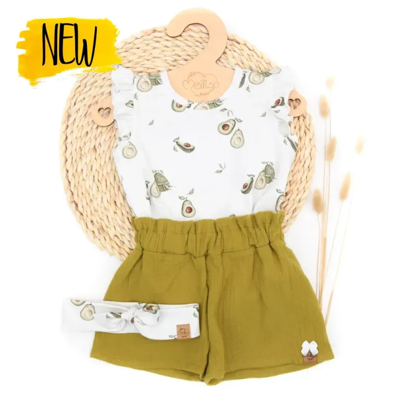 Set | Avocado | Rüschenshirt & Paperbag Shorts & Haarband
