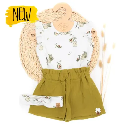 Set | Avocado | Rüschenshirt & Paperbag Shorts & Haarband