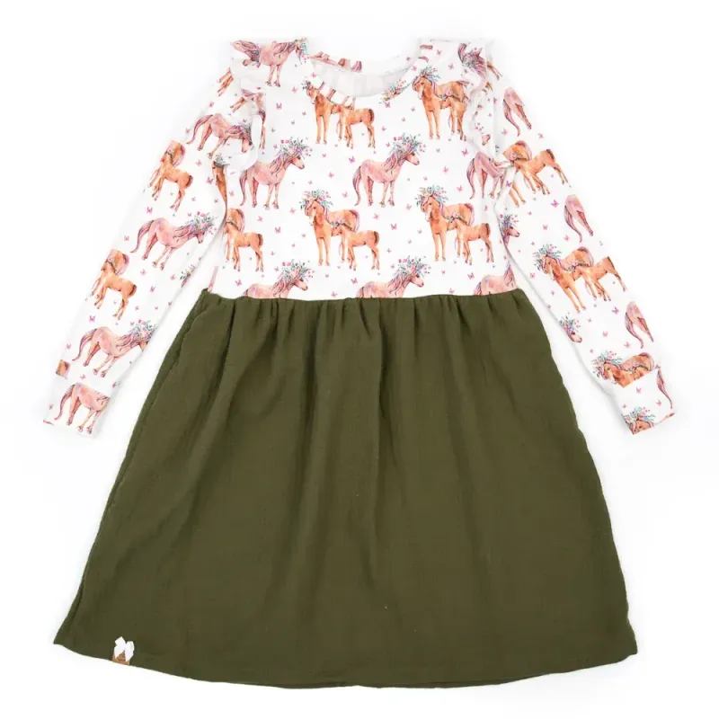 Kleid | Pferd mit Blumenkranz | khaki | Gr. 122/128 Kleid | Pferd mit Blumenkranz | khaki | Gr. 122/128