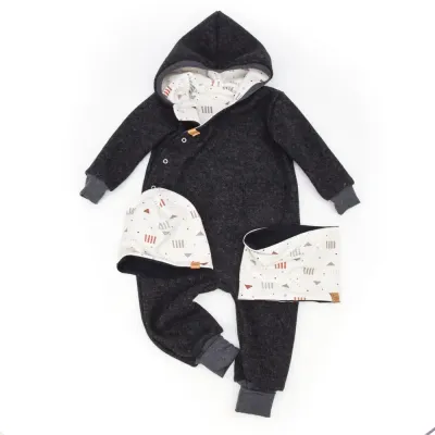 Set Walkoverall Größe 92/98 | Wendemütze 48-50 cm & Loop | schwarz meliert | Geo Stripes