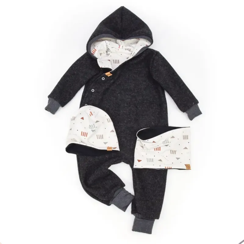 Set Walkoverall Größe 92/98 | Wendemütze 48-50 cm & Loop | schwarz meliert | Geo Stripes