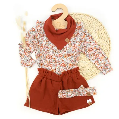 Set | Blumenkonfetti | Rüschenshirt & Shorts & Haarband & Tuch