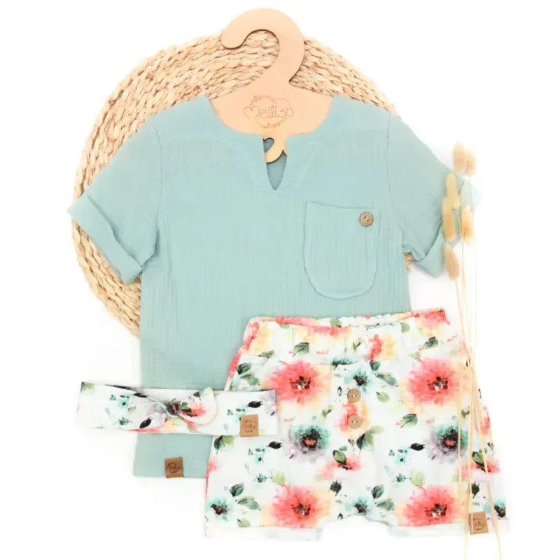 Set | Tropical Flowers | Musselinshirt & Shorts & Haarband