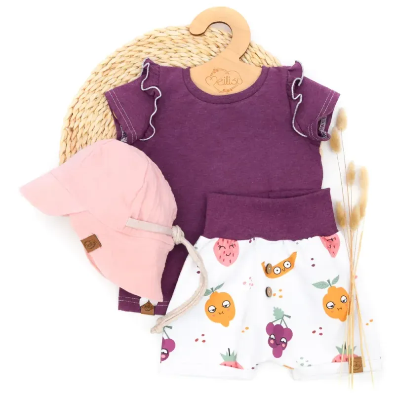 Set | Happy Fruits | Rüschen Shirt & Shorts & Sonnenhut Set | Happy Fruits | Rüschen Shirt & Shorts & Sonnenhut
