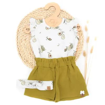 Set | Avocado | Rüschenshirt & Paperbag Shorts & Haarband
