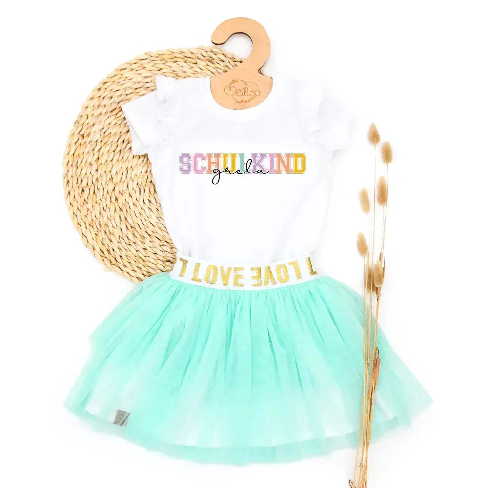 Outfit Mädchen | Tüllrock & Shirt | Schulkind | Schulanfang 2026 | aqua | personalisiert