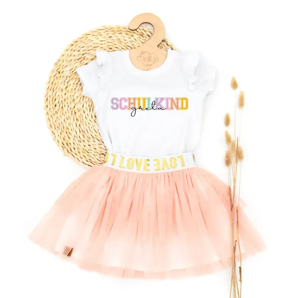 Outfit Mädchen | Tüllrock & Shirt | Schulkind | Schulanfang 2026 | apricot | personalisiert