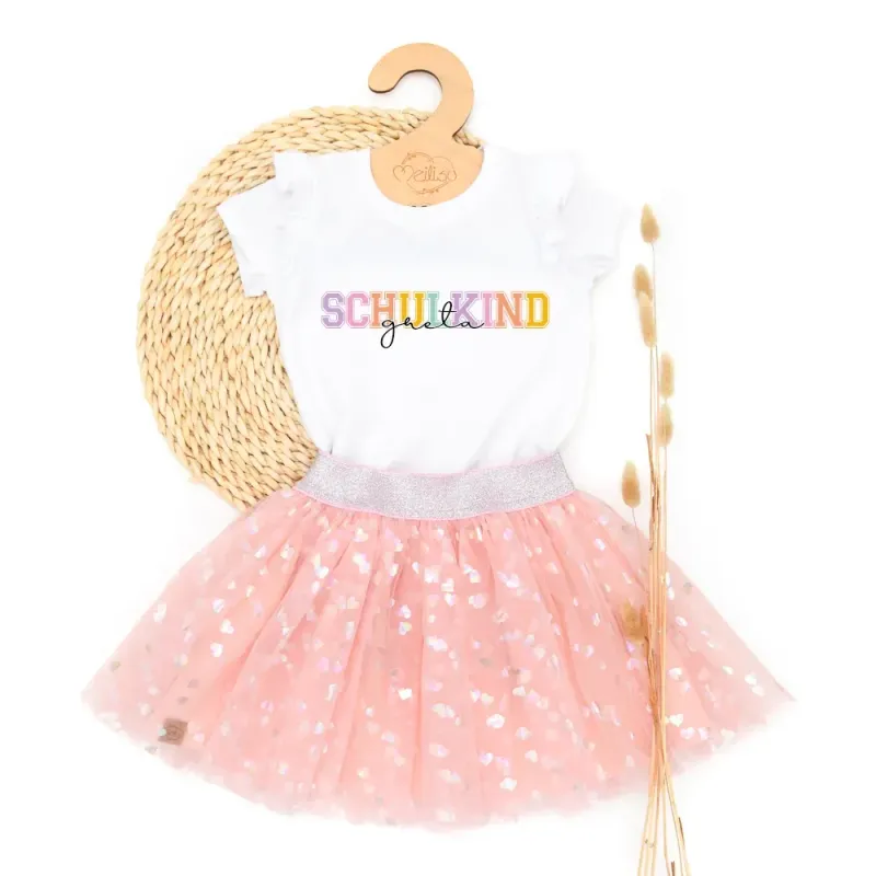 Outfit Mädchen | Tüllrock & Shirt | Schulkind | Schulanfang 2026 | Herzen rosé | personalisiert
