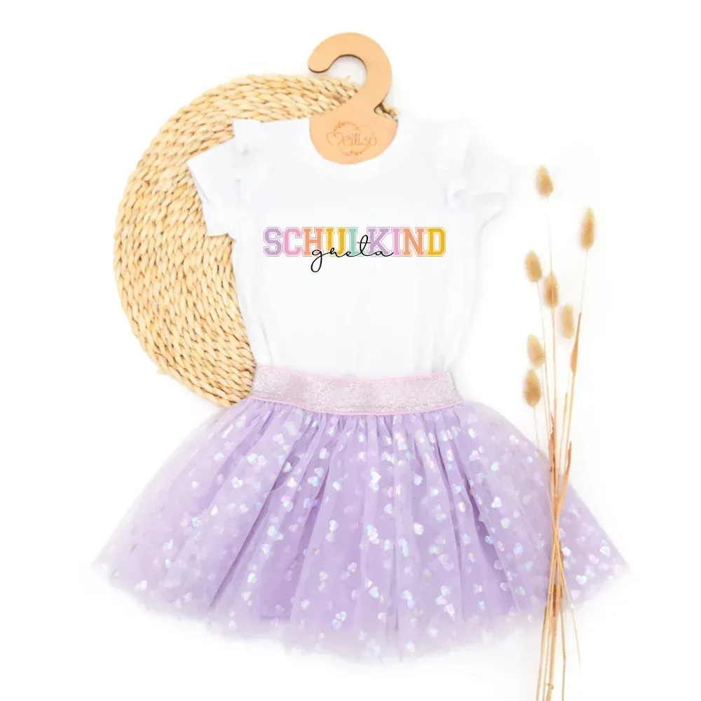 Outfit Mädchen | Tüllrock & Shirt | Schulkind | Schulanfang 2026 | Herzen flieder | personalisiert