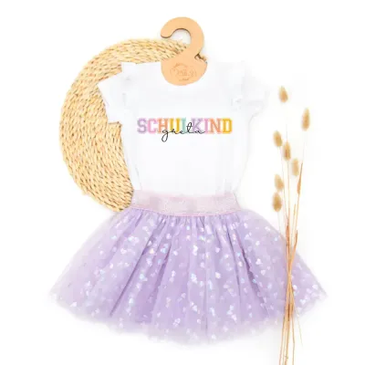 Outfit Mädchen | Tüllrock & Shirt | Schulkind | Schulanfang 2026 | Herzen flieder | personalisiert