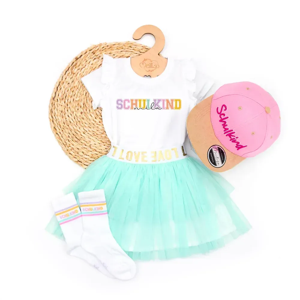 Outfit Mädchen | Rock Shirt Cap Socken | Schulkind | aqua - pink | personalisierbar Outfit Mädchen | Rock Shirt Cap Socken | Schulkind | aqua - pink | personalisierbar