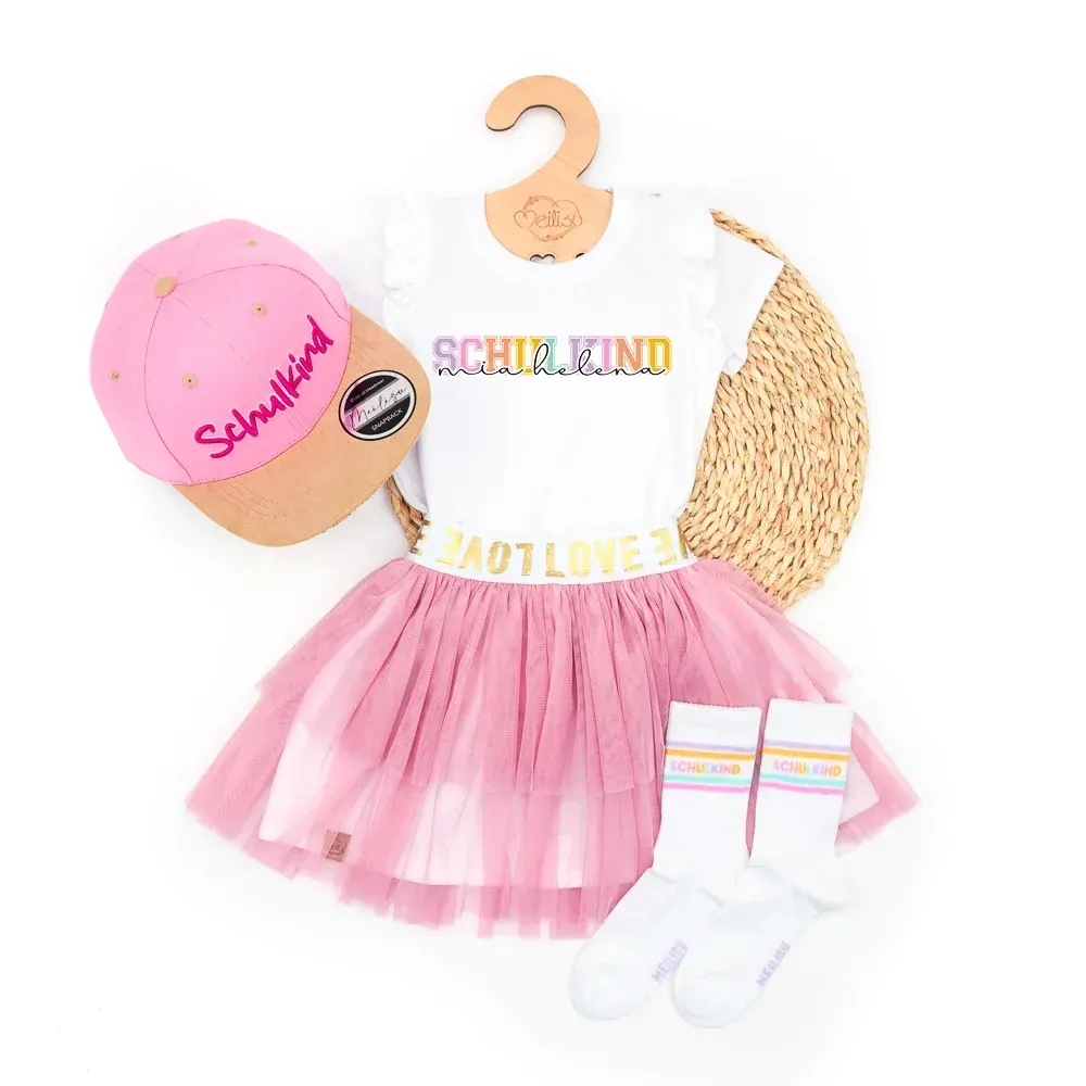 Outfit Mädchen | Rock Shirt Cap Socken | Schulkind | rosa | personalisierbar