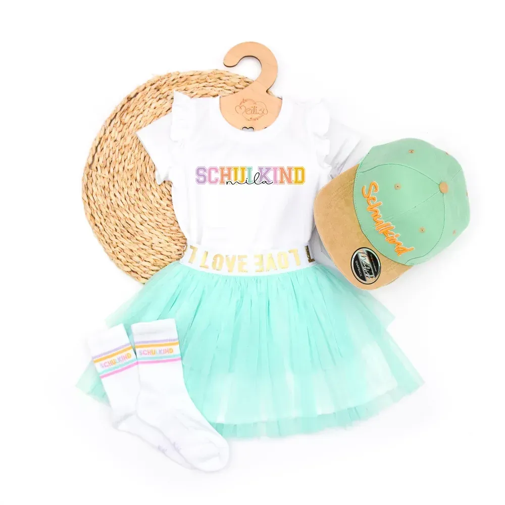 Outfit Mädchen | Rock Shirt Cap Socken | Schulkind | mint | personalisierbar Outfit Mädchen | Rock Shirt Cap Socken | Schulkind | mint | personalisierbar