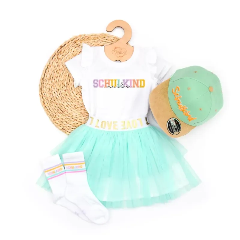 Outfit Mädchen | Rock Shirt Cap Socken | Schulkind | mint | personalisierbar
