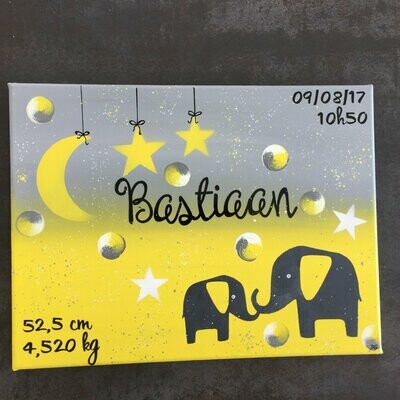 tableau de naissance garçon éléphant lune étoile, gris jaune et noir