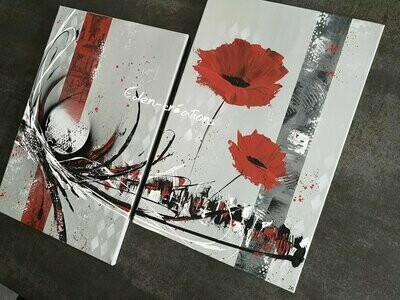 tableau fleurs rouges, diptyque fleurs design, peint main, 80x70 cm