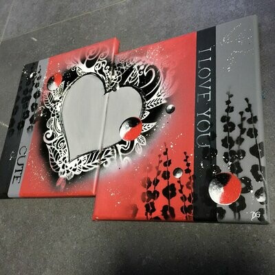 tableau coeur rouge gris et noir, tableau contemporain, sur commande