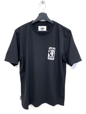 AUTRY T-shirt manica corta in cotone vintage con rotture, stampa frontale catarifrangente, regular fit. Col. Nero