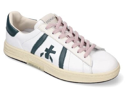 PREMIATA Sneaker “ fashion “ fondo cassetta realizzata in pelle, dettagli in contrasto, laccio in contrasto. Col. Bianco / Verdone