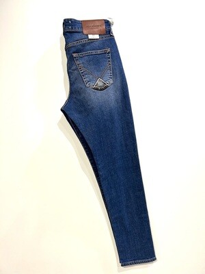 ROY ROGER’S Jeans 5 tasche in denim strech, slim fit, cuciture in contrasto washed. Col. Azzurro Medio