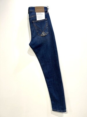 ROY ROGER’S Jeans 5 tasche in cotone riciclato strech, slim fit, cuciture in contrasto washed. Col. Bleu Medio