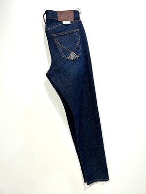 ROY ROGER’S Jeans 5 tasche in denim strech, slim fit, cuciture in contrasto washed. Col. Bleu Scuro