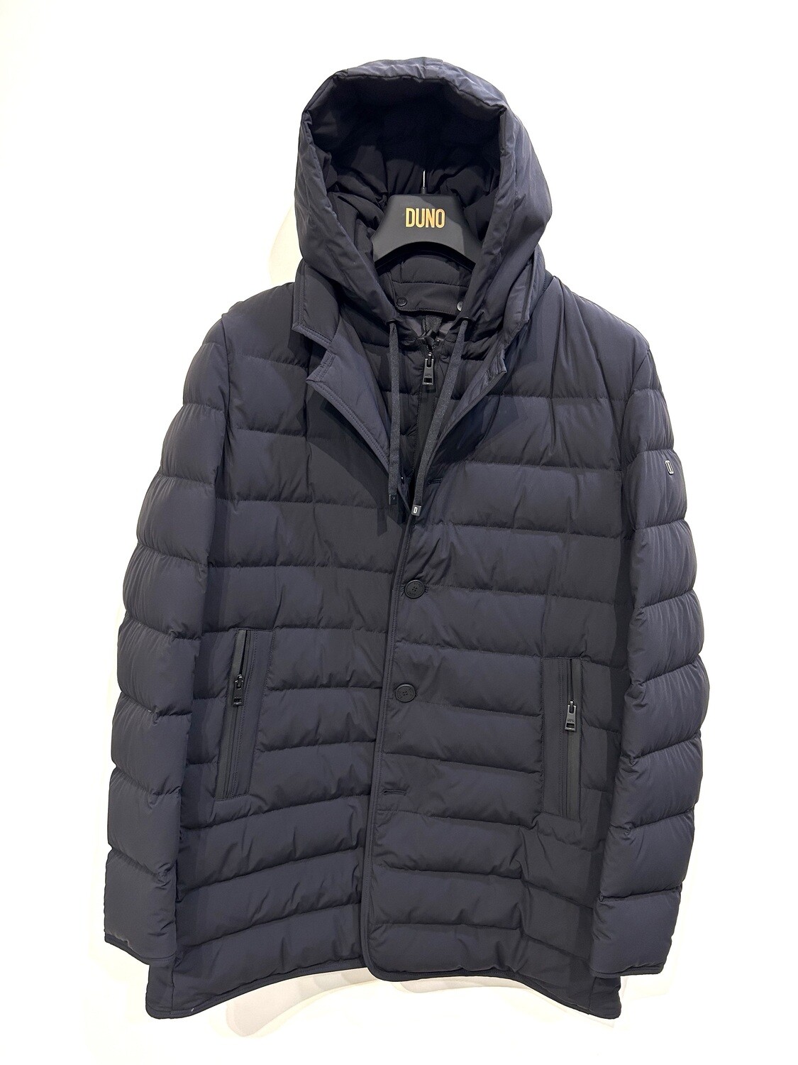 ​Piumino lungo trapuntato in tessuto tecnico B-strech, nero