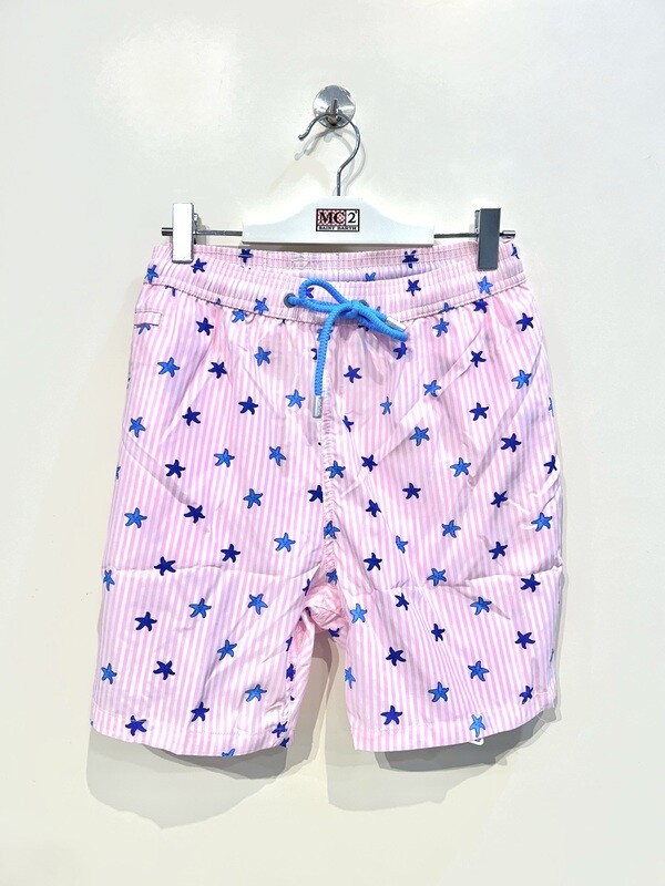 Boxer mare in nylon light stampato righe e stella. Col. Rosa Bianco Turchese