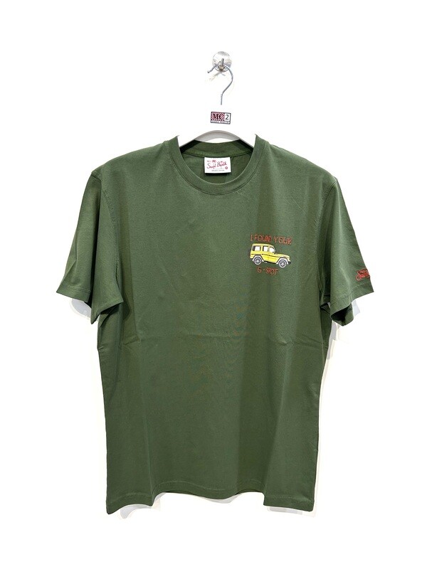 Tshirt in cotone organico stampa e ricamo frontale. Col. Verde militare